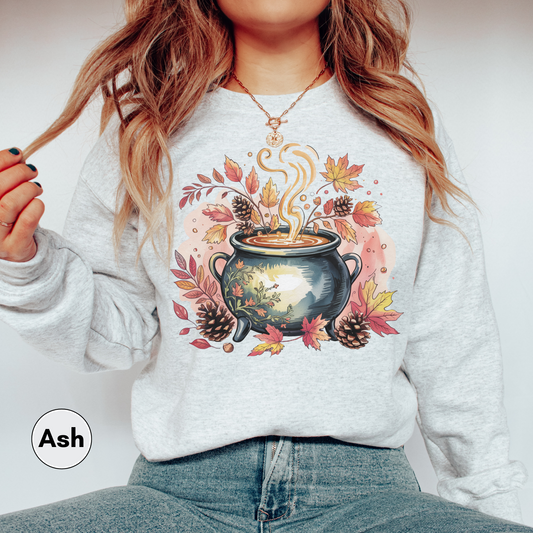 Autumn Cauldron Sweatshirt, Fall Leaves Pullover, Witchy Vibes Sweatshirt