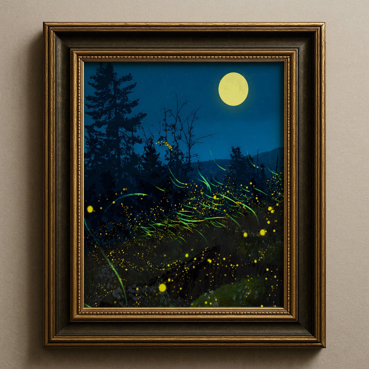 Enchanting Fireflies in a Forest Bush Poster, Whimsical Lightning Bugs Print, Magical Glow Bugs Forest Wall Art, Dreamy Home Decor, Unframed