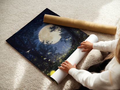 Eerie Haunted Night Forest Poster with Fireflies and Glowing Moon, Mystical Night Sky Poster for Bedroom or Living Room, Unframed Wall Decor