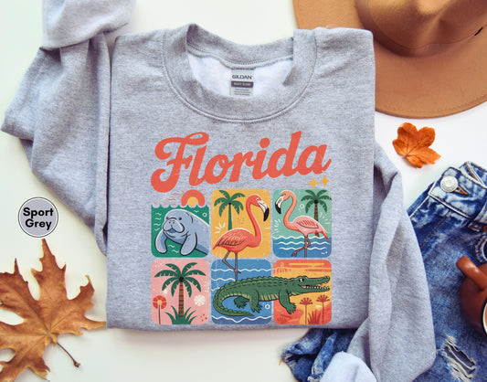 Florida Vintage Kids Sweatshirt, Florida Lover Retro Animal Graphic Youth Pullover, Wildlife Manatee Flamingo Alligator Kids Shirt, Sunshine State Souvenir