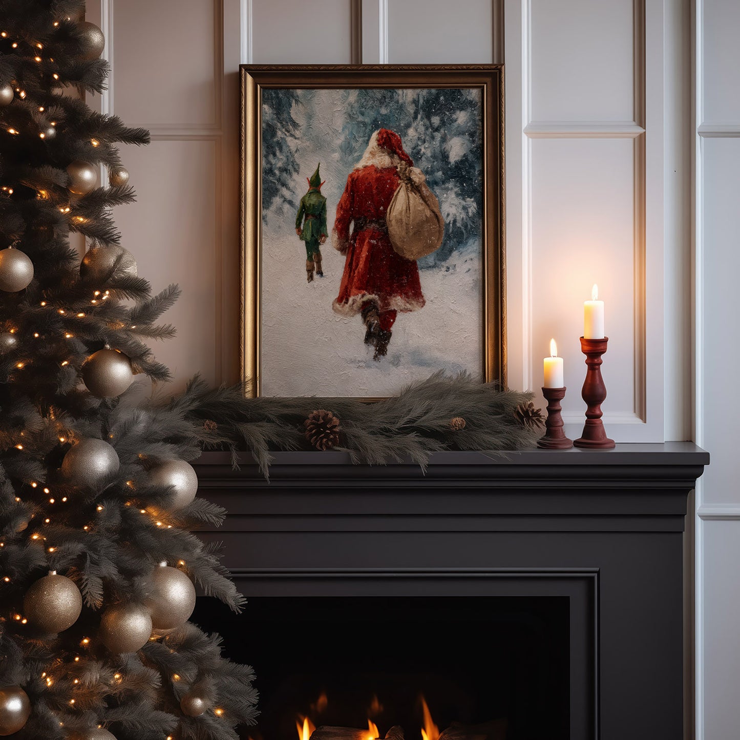 Vintage Santa Claus and Elf Walking Through Winter Forest Poster, Cozy Christmas Holiday Print, Home Decor Wall Art, Unframed