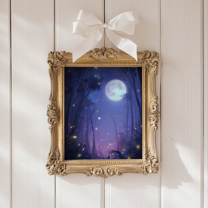 Enchanting Fireflies in a Forest Poster, Whimsical Lightning Bugs Print, Magical Glow Bugs Forest Wall Art, Dreamy Home Decor, Unframed