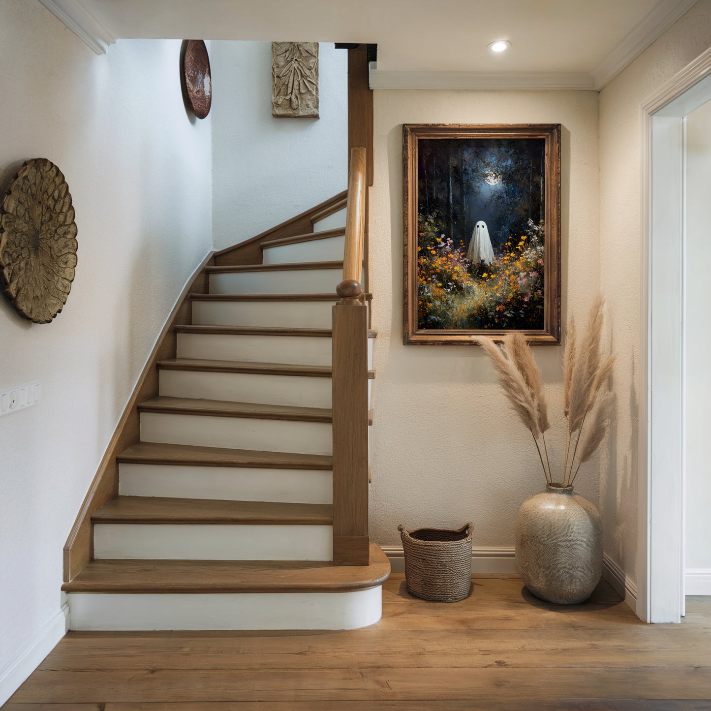 Ghost in Moonlit Wildflower Forest Poster, Ethereal Ghost Print, Home Decor Wall Art, Unframed