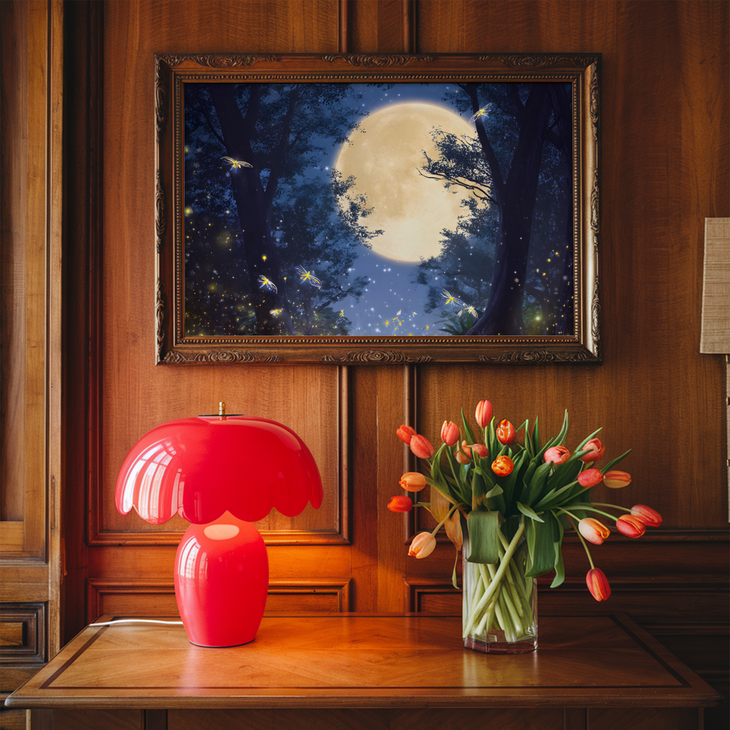 Glowing Fireflies in the Moonlit Forest Poster, Ethereal Moonlight Forest Print, Dreamlike Forest Night Wall Art, Unframed