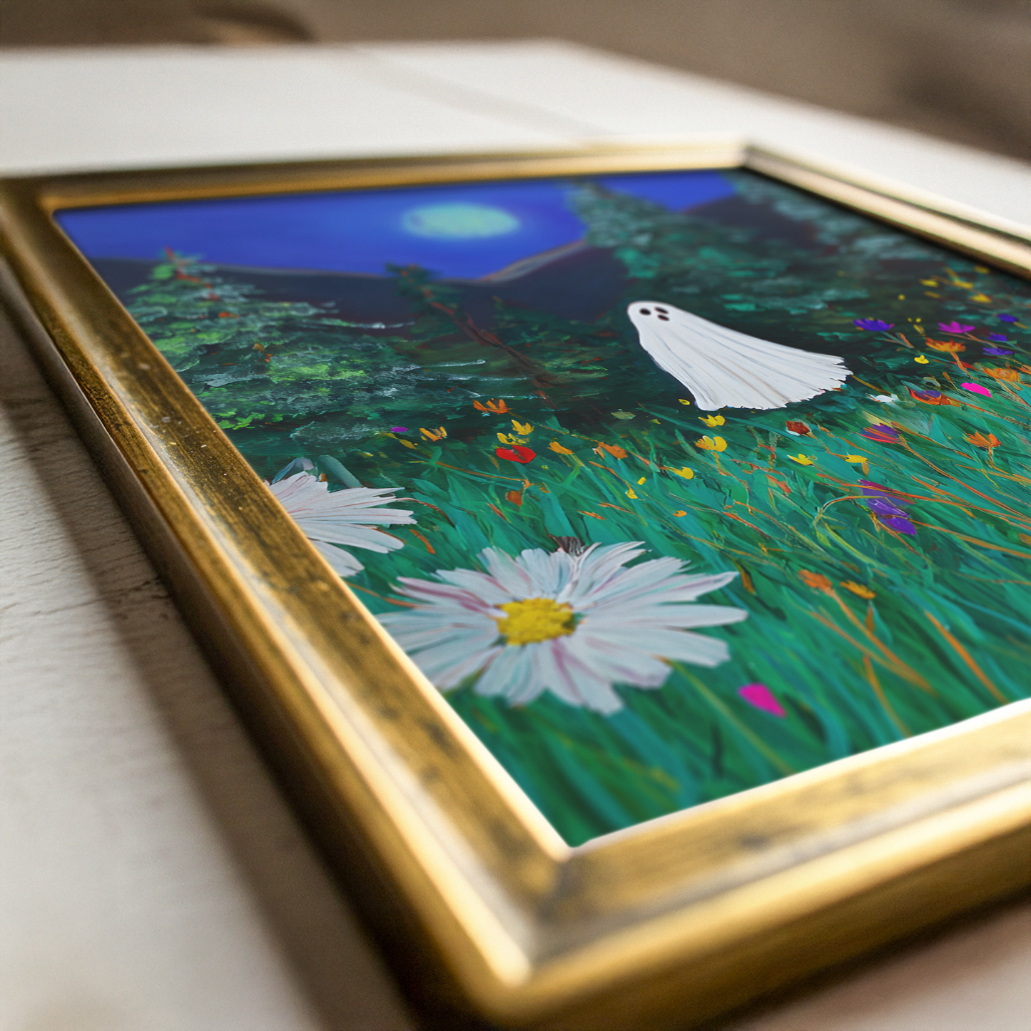Haunted Ghost in Moonlit Forest Poster, Spooky Halloween Wall Art Print, Whimsical Ghost Painting with Wildflowers, Unframed