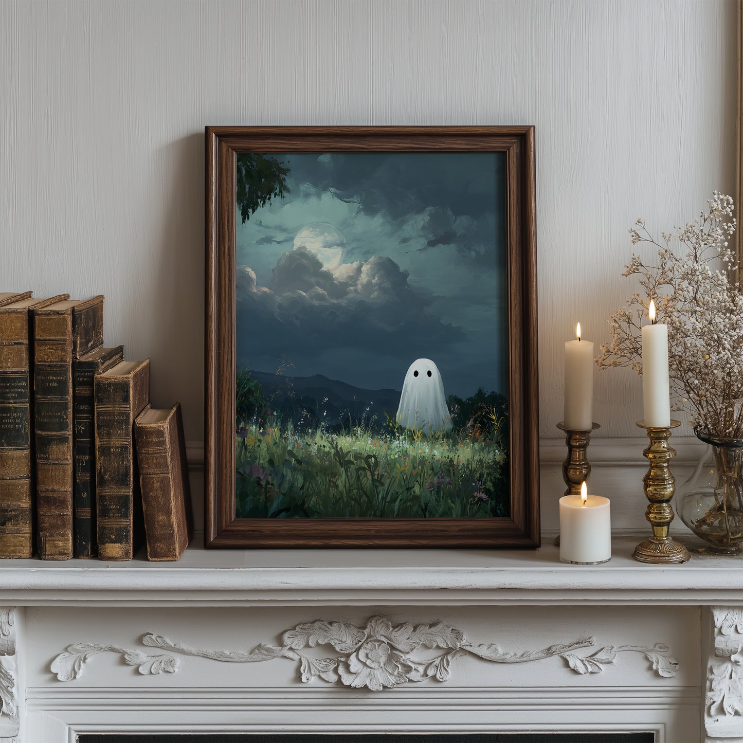 Haunted Ghost in Meadow Forest Poster, Eerie Ghost Spooky Night Print, Home Decor Wall Art, Unframed