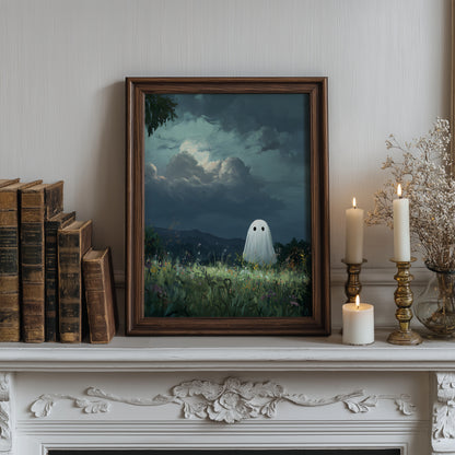 Haunted Ghost in Meadow Forest Poster, Eerie Ghost Spooky Night Print, Home Decor Wall Art, Unframed