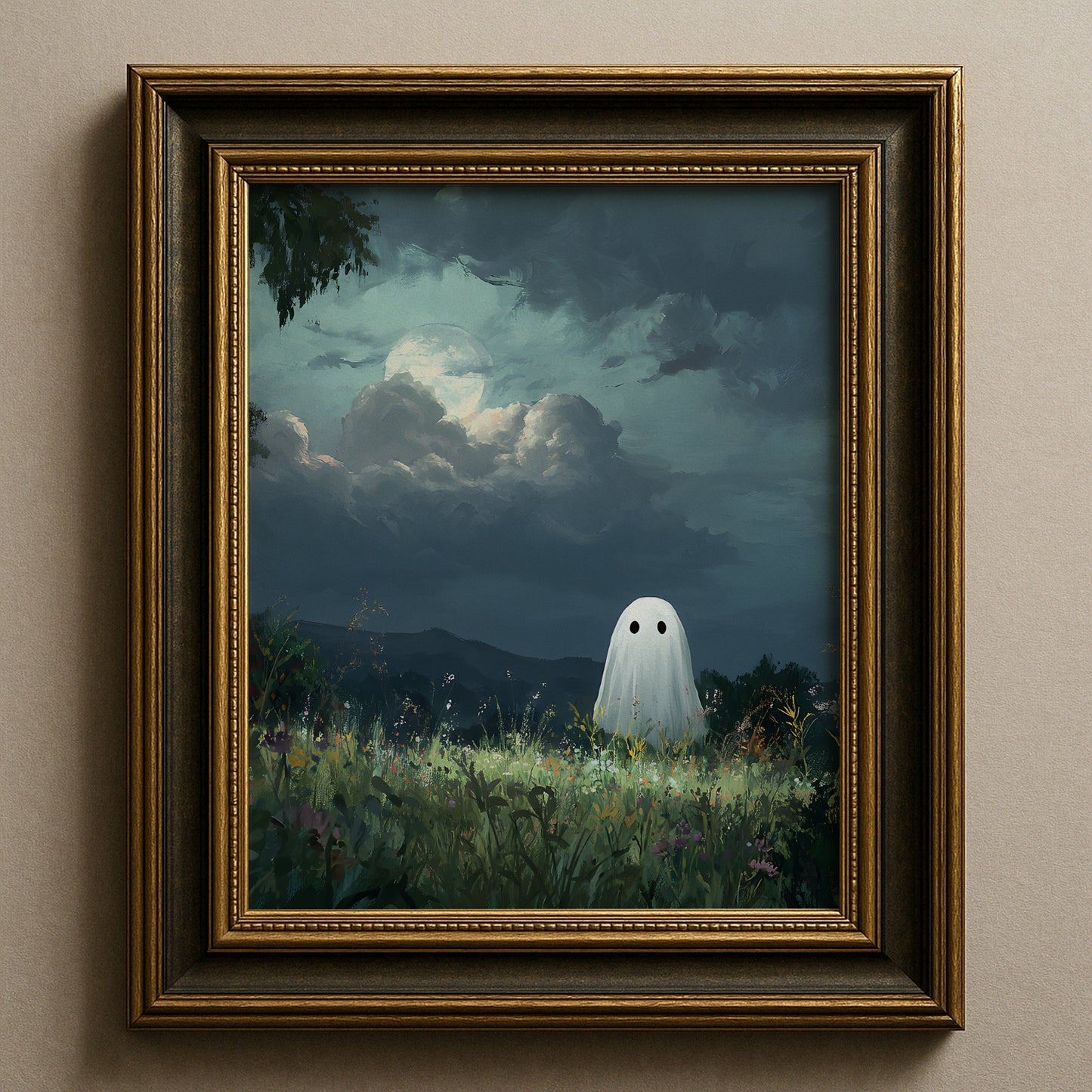 Haunted Ghost in Meadow Forest Poster, Eerie Ghost Spooky Night Print, Home Decor Wall Art, Unframed