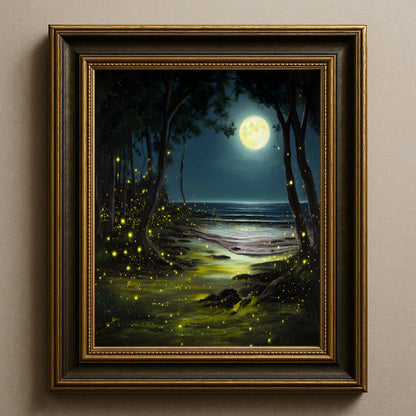 Enchanting Fireflies in a Moonlit Ocean Poster, Whimsical Lightning Bugs Print, Magical Glow Bugs Forest Wall Art, Dreamy Home Decor, Unframed