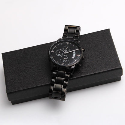 Mens Engraved Black Chronograph Watch Stainless Steel Waterproof Customized Personalized Watches for Boyfriend My Man Fiancé Husband Birthday Anniversary Personalized Watch