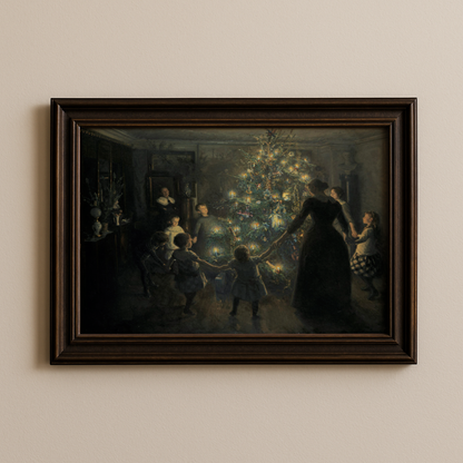 Vintage Family Around Christmas Tree Fine Art Poster, Victorian Christmas Eve Winter Print, Soft Glowing Christmas Lights Holiday Wall Art, Unframed