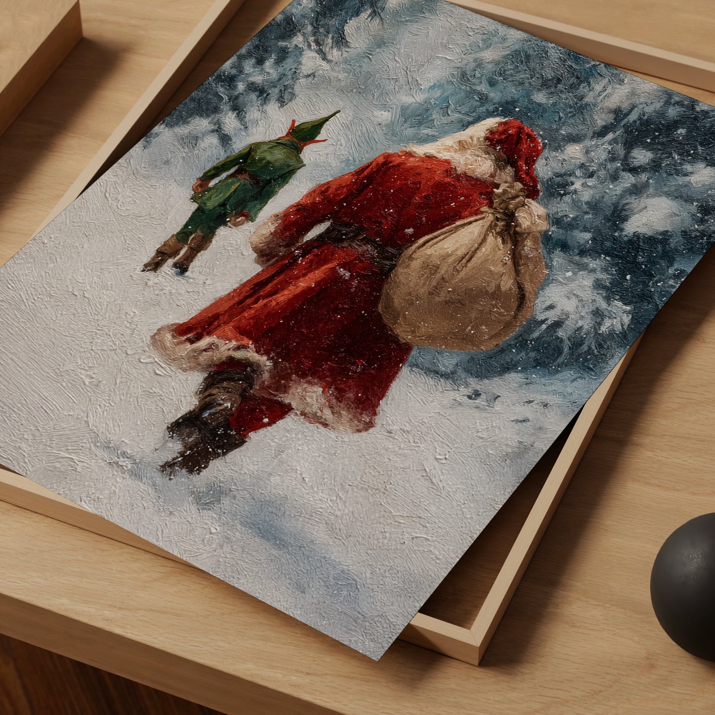 Vintage Santa Claus and Elf Walking Through Winter Forest Poster, Cozy Christmas Holiday Print, Home Decor Wall Art, Unframed