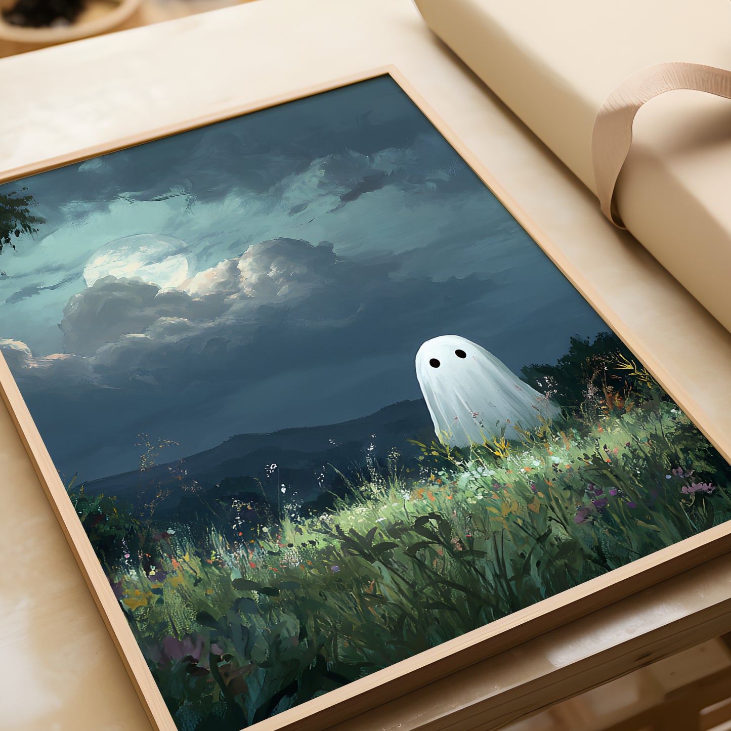 Haunted Ghost in Meadow Forest Poster, Eerie Ghost Spooky Night Print, Home Decor Wall Art, Unframed