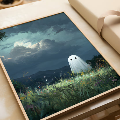 Haunted Ghost in Meadow Forest Poster, Eerie Ghost Spooky Night Print, Home Decor Wall Art, Unframed