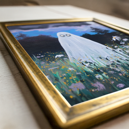 Haunted Ghost in Wildflower Field Poster, Spooky Ghost Poster Wall Art, Surreal Night Sky Print, Eerie Halloween Home Decor