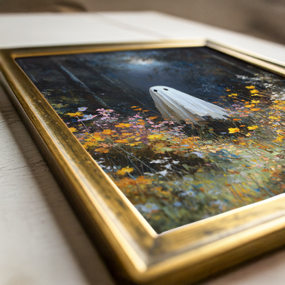 Ghost in Moonlit Wildflower Forest Poster, Ethereal Ghost Print, Home Decor Wall Art, Unframed