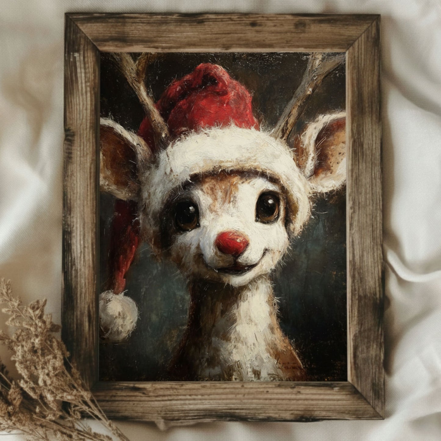 Vintage Rudolph Red Nose Reindeer Wearing Santa Hat Fine Art Poster, Whimsical Christmas Holiday Print, Home Decor Wall Art, Unframed