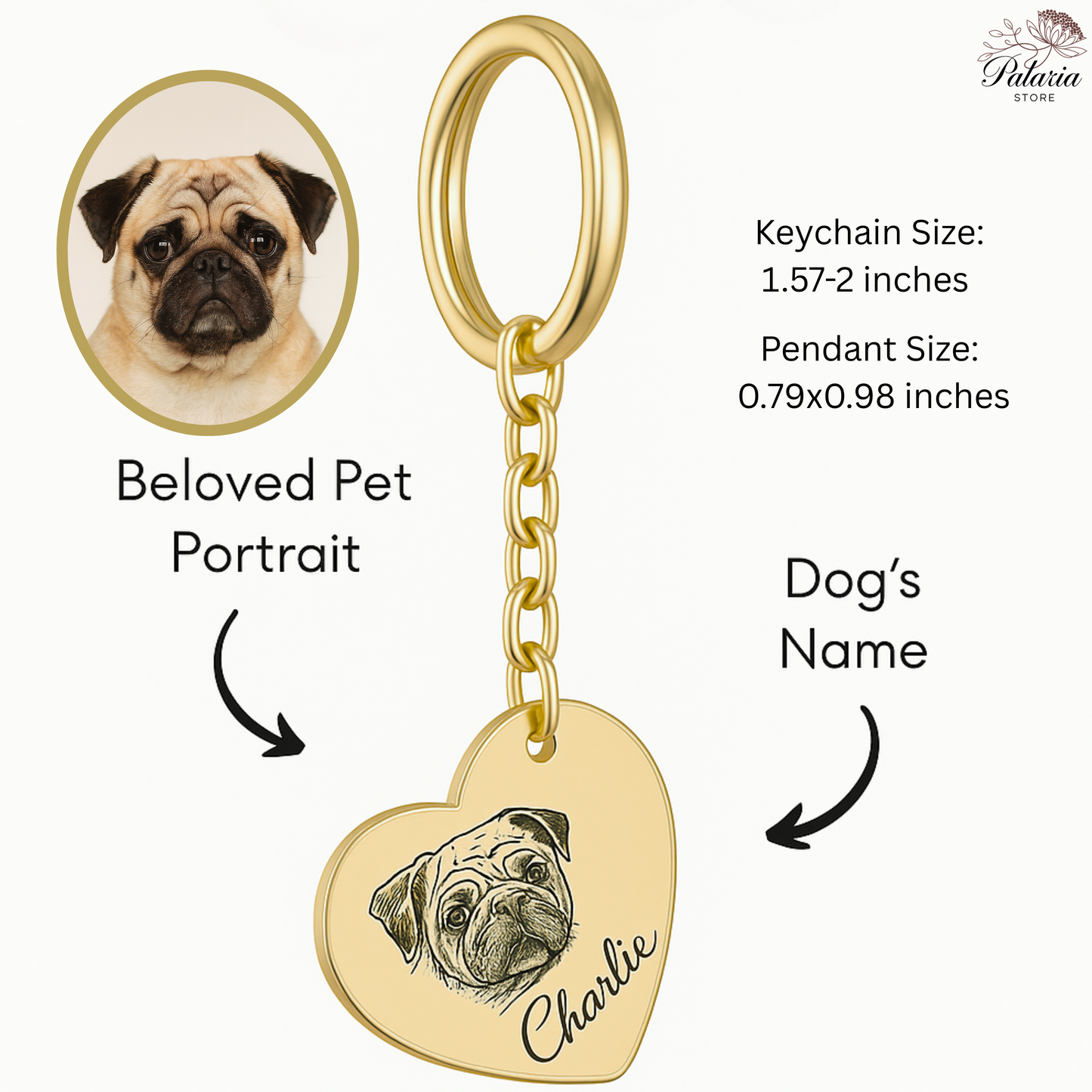 Personalized Pet Portrait Name Heart Keychain, 18k Gold Plated Custom Dog Initial Keychain, Custom Cat Heart Keychain, Pet Memorial Gift, Christmas Gift, Pet Lover Gift
