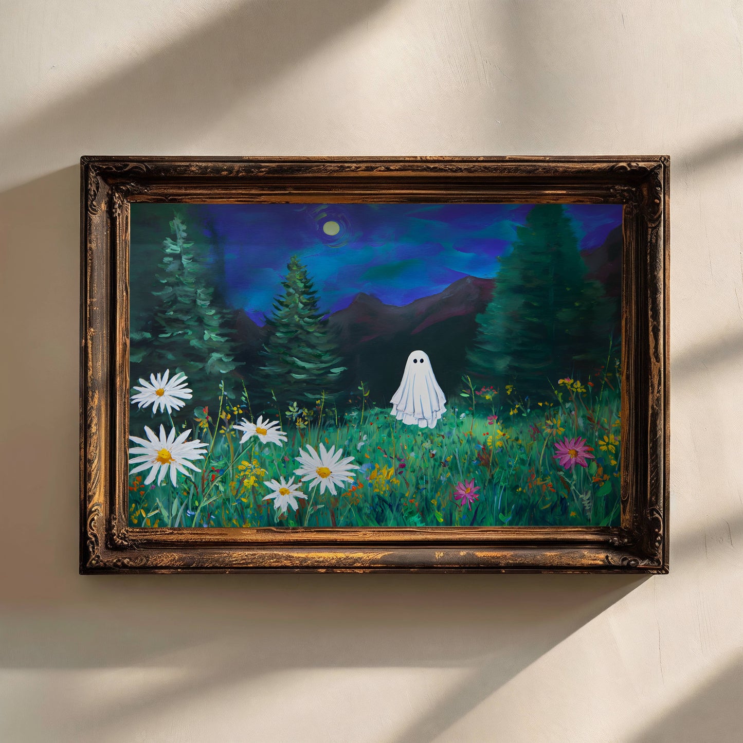 Haunted Ghost in Meadow Fine Art Poster, Eerie Ghost Moody Twilight Wildflower Meadow Print, Wall Art Home Decor, Unframed
