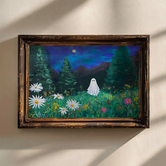 Haunted Ghost in Meadow Fine Art Poster, Eerie Ghost Moody Twilight Wildflower Meadow Print, Wall Art Home Decor, Unframed