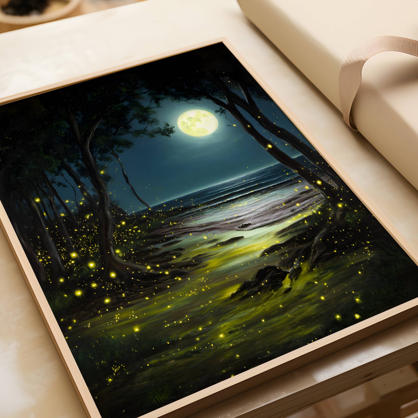 Enchanting Fireflies in a Moonlit Ocean Poster, Whimsical Lightning Bugs Print, Magical Glow Bugs Forest Wall Art, Dreamy Home Decor, Unframed