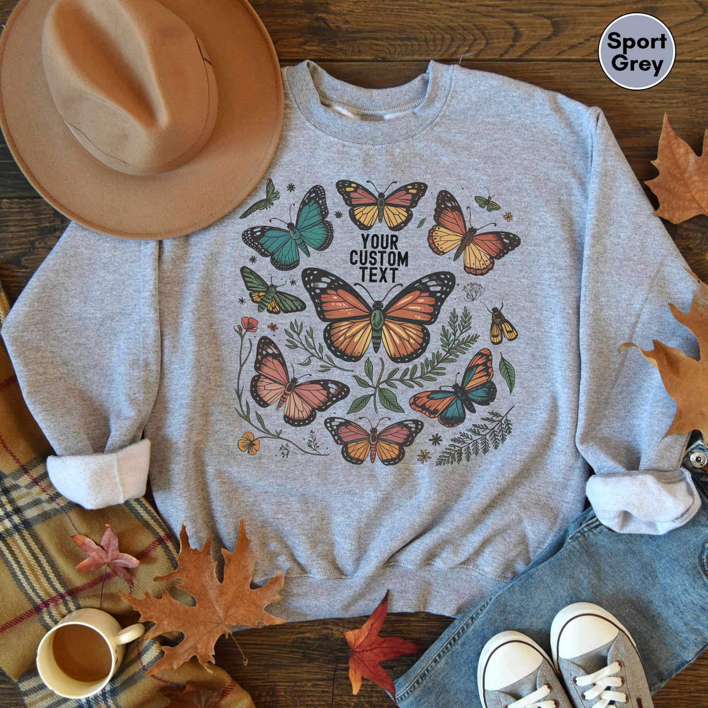 Custom Text Butterfly & Moth Sweatshirt, Personalized Cottagecore Pullover, Botanical Sweatshirt, Nature Lover Sweatshirt, Custom Text Sweatshirt