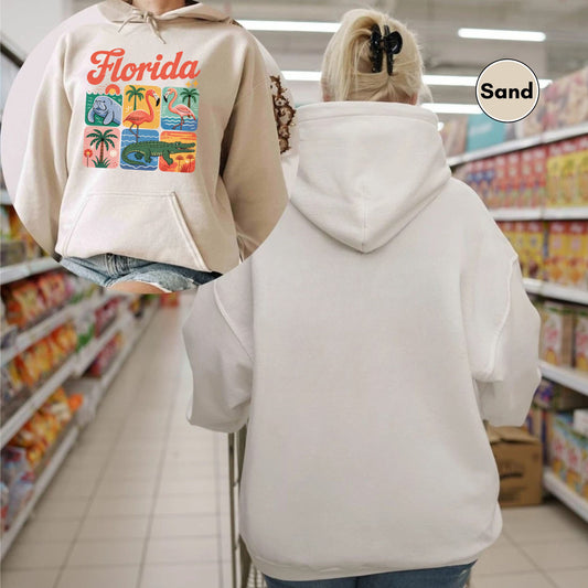 Florida Vintage Hoodie, Florida Lover Retro Animal Graphic Hooded Sweatshirt, Wildlife Manatee Flamingo Alligator Hoodie
