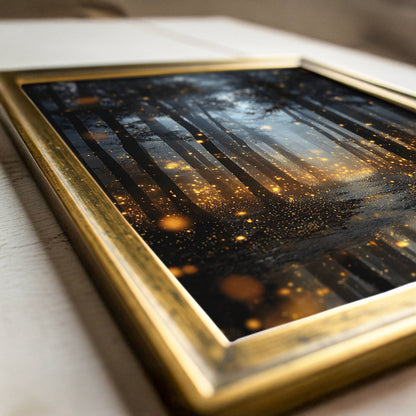 Enchanted Fireflies Forest Fine Art Poster, Magical Golden Glow Woodland Path Print, Mystical Nature Firefly Wall Art, Unframed