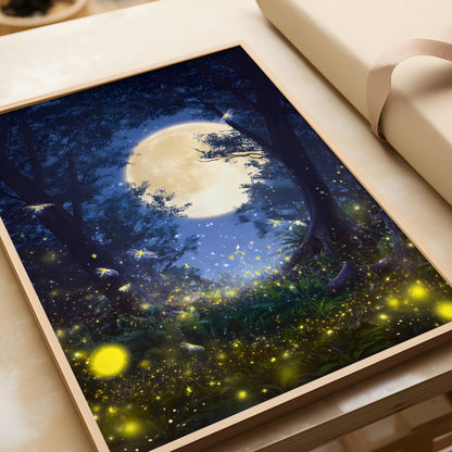 Glowing Fireflies in the Moonlit Forest Poster, Ethereal Moonlight Forest Print, Dreamlike Forest Night Wall Art, Unframed
