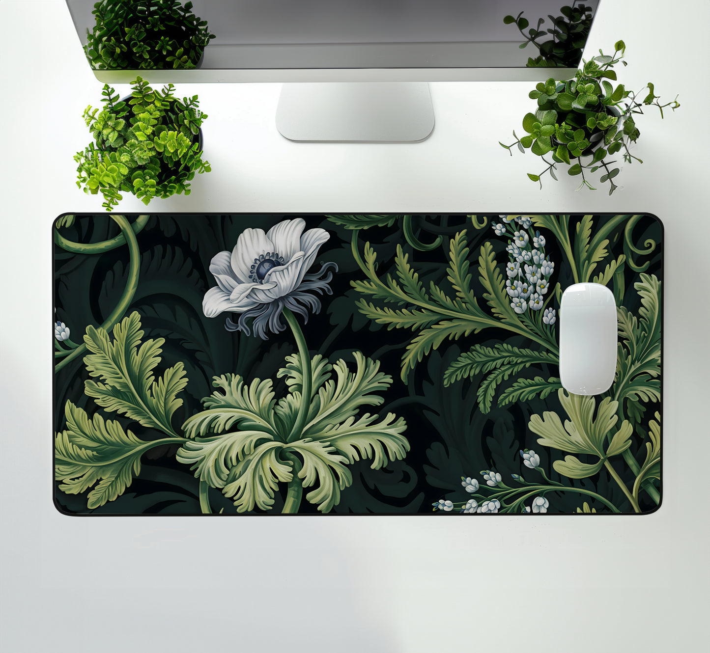 Botanical Desk Mat, Floral Sage Green Foliage, Large Extended Gaming Mouse Pad