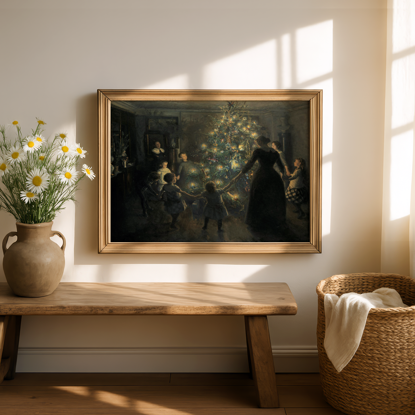 Vintage Family Around Christmas Tree Fine Art Poster, Victorian Christmas Eve Winter Print, Soft Glowing Christmas Lights Holiday Wall Art, Unframed