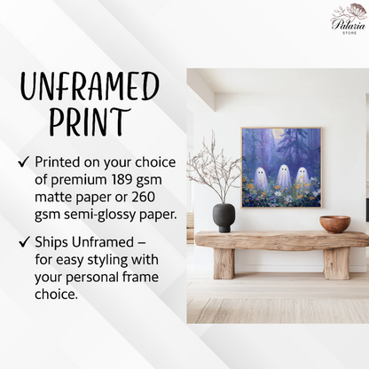 Three Ghosts Under Moonlight in Forest Amongst Wildflowers Poster, Creepy Ghosts Print, Spooky Home Decor Wall Art, Unframed Decor for Home