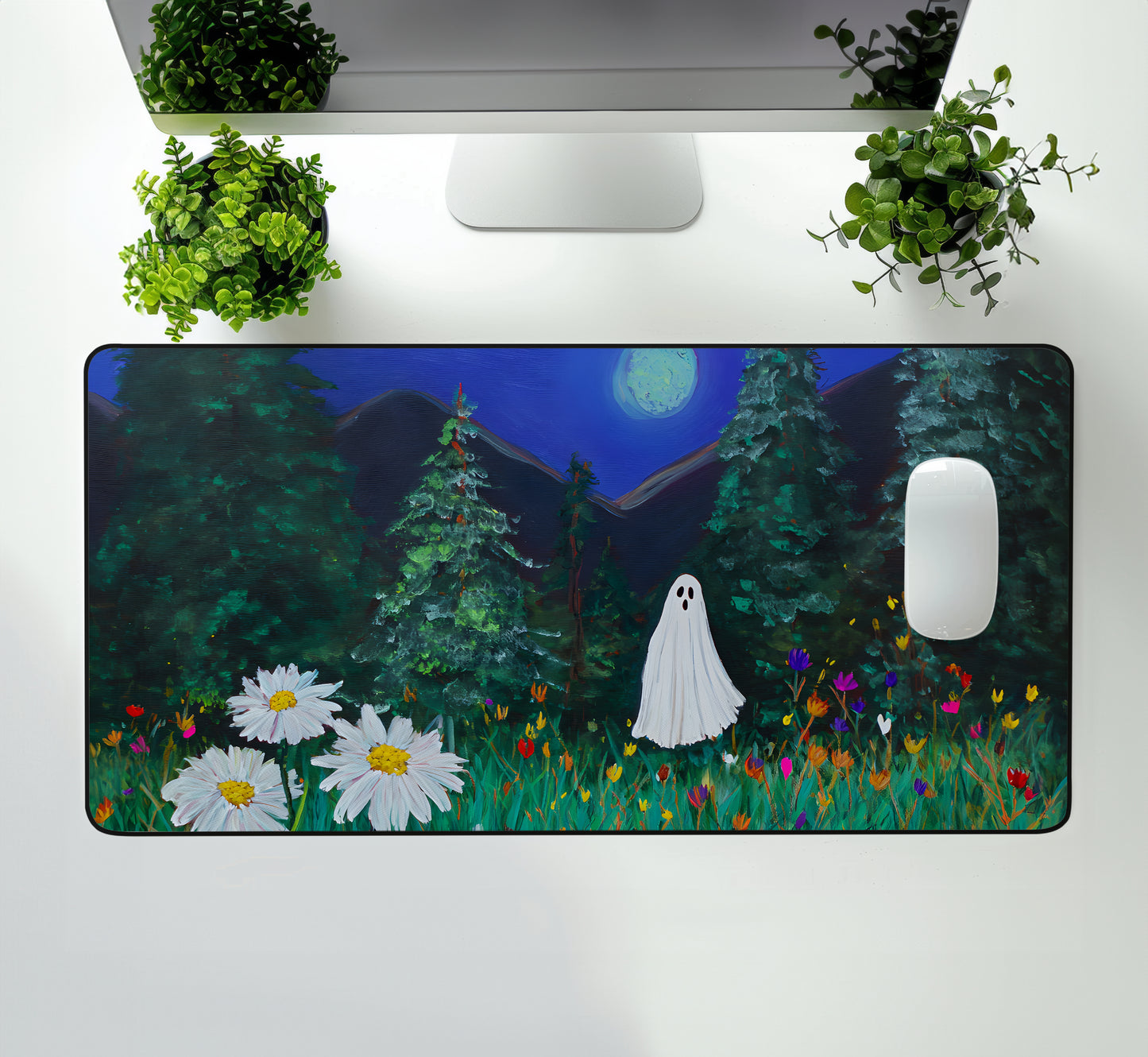 Haunted Ghost in Moonlit Forest Desk Mat, Large Extended Gaming Mouse Pad, Home Office Decor