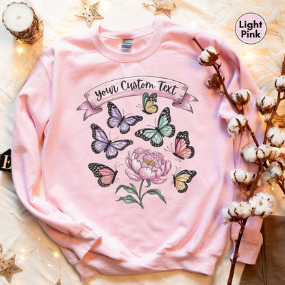 Custom Text Butterfly Flower Sweatshirt, Personalized Nature Pullover, Pastel Monarch Butterfly Graphic Top, Gift for Her, Garden Sweatshirt