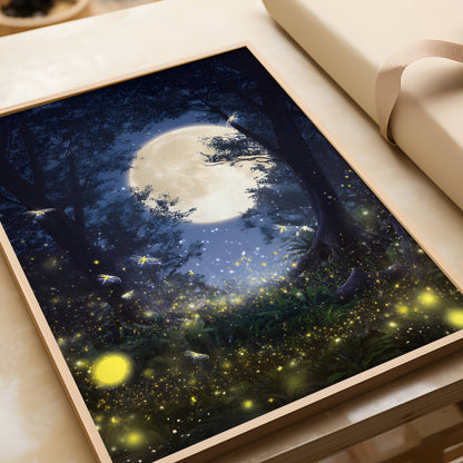 Eerie Haunted Night Forest Poster with Fireflies and Glowing Moon, Mystical Night Sky Poster for Bedroom or Living Room, Unframed Wall Decor
