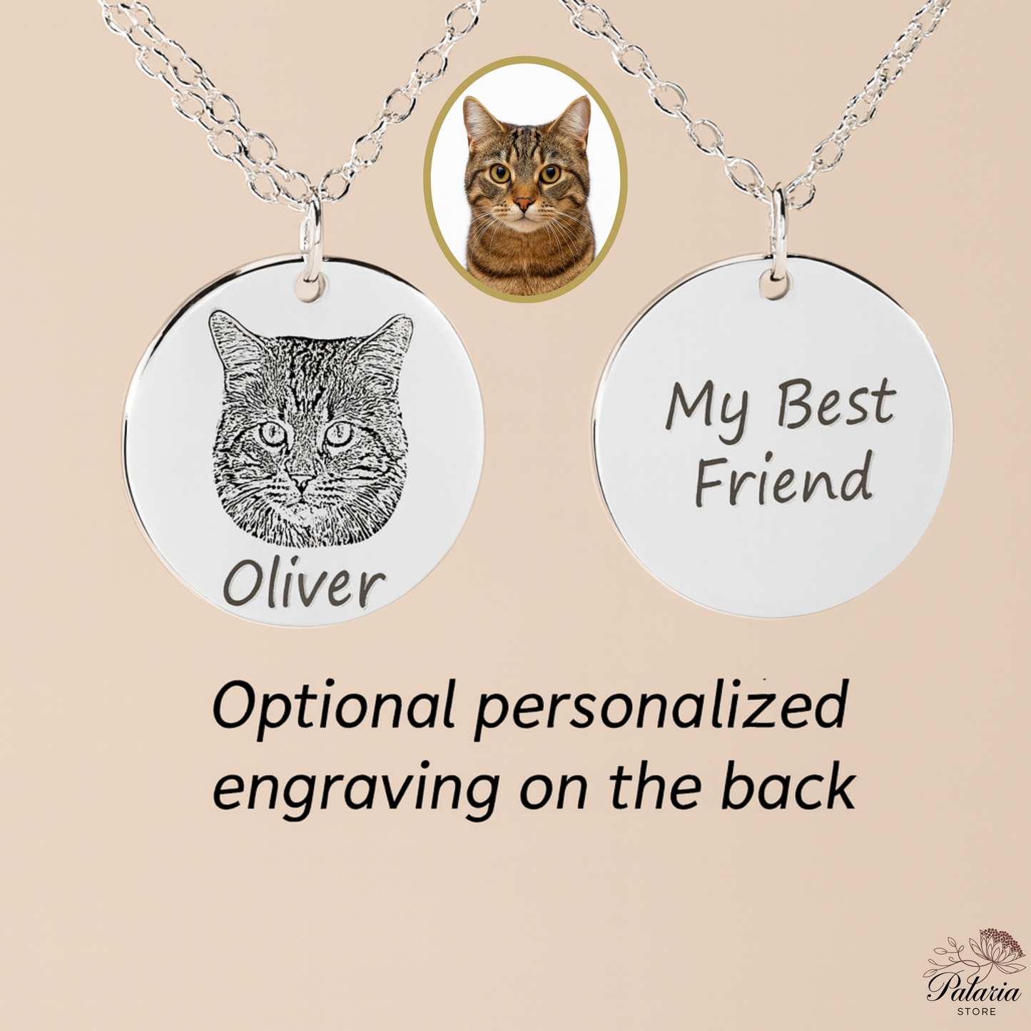 18k Gold Plated Personalized Cat Portrait Name Necklace, Custom Dog Portrait Necklace, Custom Dog or Cat Memorial Gift for Kids