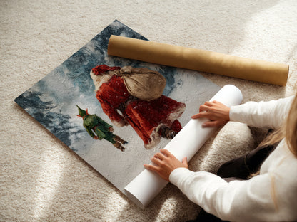 Vintage Santa Claus and Elf Walking Through Winter Forest Poster, Cozy Christmas Holiday Print, Home Decor Wall Art, Unframed