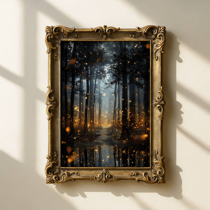 Enchanted Fireflies Forest Fine Art Poster, Magical Golden Glow Woodland Path Print, Mystical Nature Firefly Wall Art, Unframed