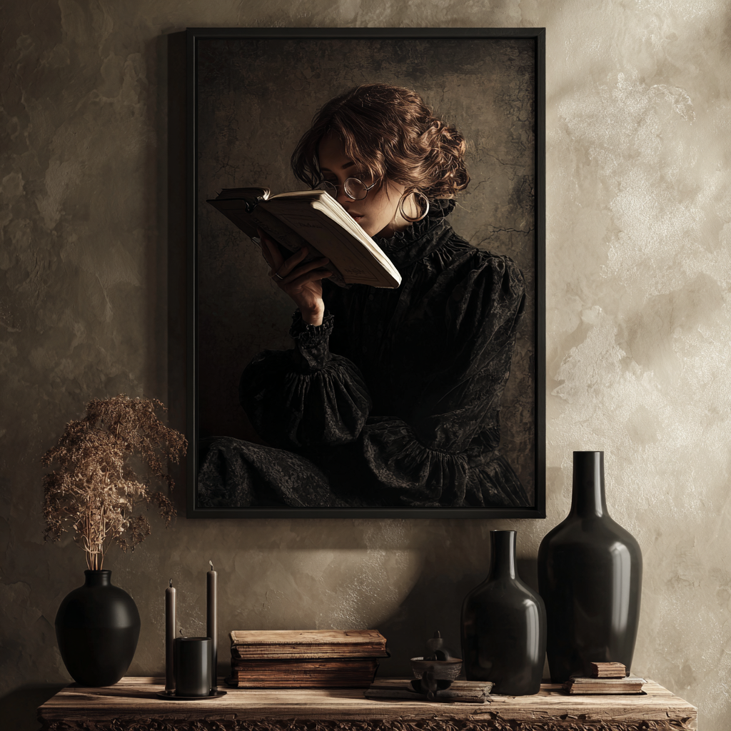 Victorian Woman Reading Book Poster, Moody Library Print, Vintage Style Painting, Wall Art for Book Lovers and Readers, Printed and Shipped