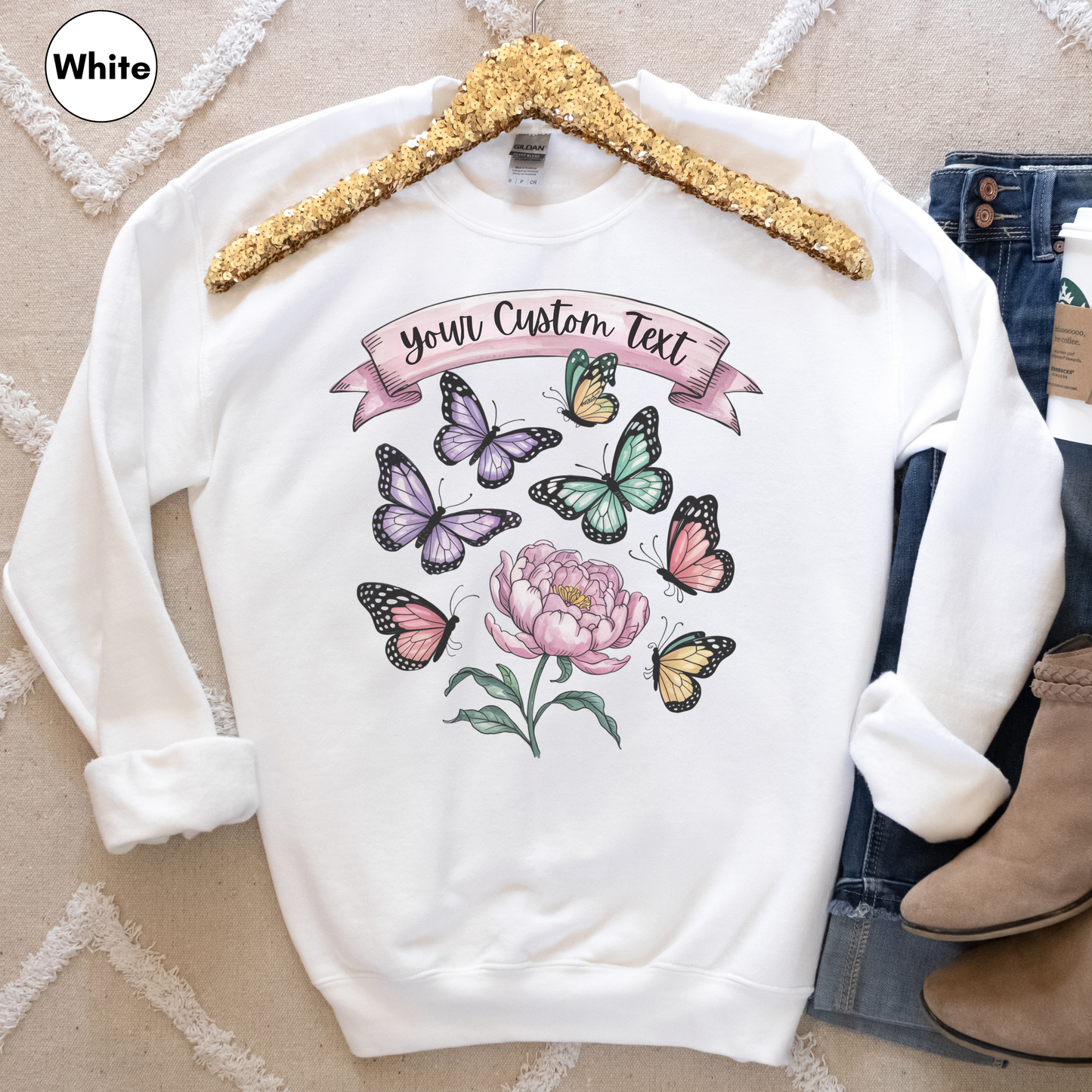 Custom Text Butterfly Flower Sweatshirt, Personalized Nature Pullover, Pastel Monarch Butterfly Graphic Top, Gift for Her, Garden Sweatshirt