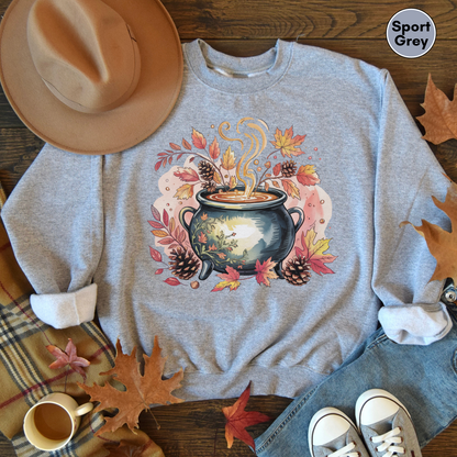 Autumn Cauldron Sweatshirt for Women, Fall Leaves Pullover, Cozy Fall Witchy Vibes Sweatshirt