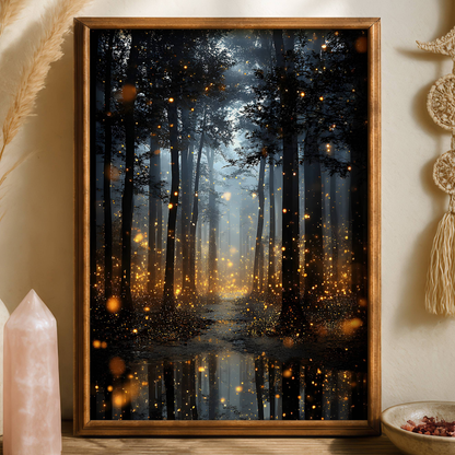 Enchanted Fireflies Forest Fine Art Poster, Magical Golden Glow Woodland Path Print, Mystical Nature Firefly Wall Art, Unframed