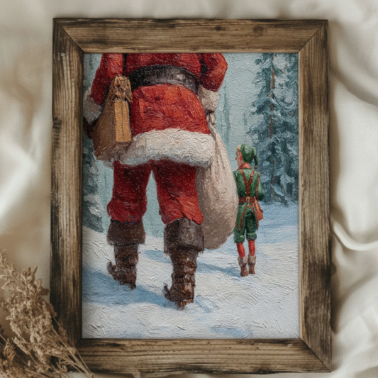 Vintage Santa Claus and Elf in Snowy Winter Forest Poster, Cozy Christmas Print, Holiday Home Decor Wall Art, Unframed