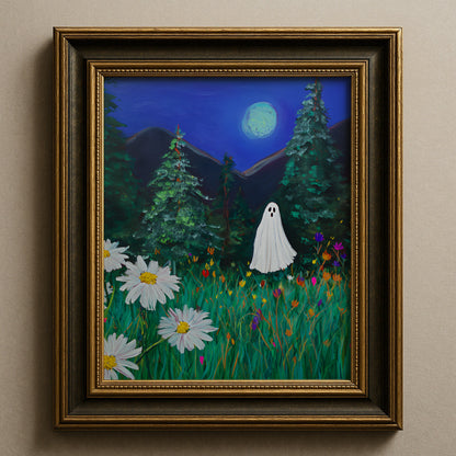 Haunted Ghost in Moonlit Forest Poster, Spooky Halloween Wall Art Print, Whimsical Ghost Painting with Wildflowers, Unframed