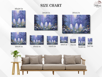 Three Ghosts Under Moonlight in Forest Amongst Wildflowers Poster, Creepy Ghosts Print, Spooky Home Decor Wall Art, Unframed Decor for Home
