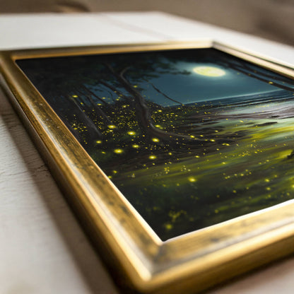 Enchanting Fireflies in a Moonlit Ocean Poster, Whimsical Lightning Bugs Print, Magical Glow Bugs Forest Wall Art, Dreamy Home Decor, Unframed