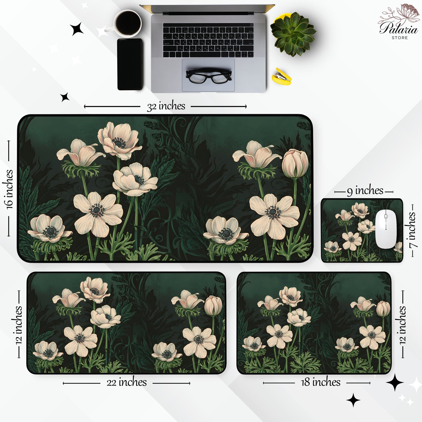 Vintage Art Nouveau Botanical Desk Mat, Sage Green Large Extended Gaming Desk Mat Mousepad