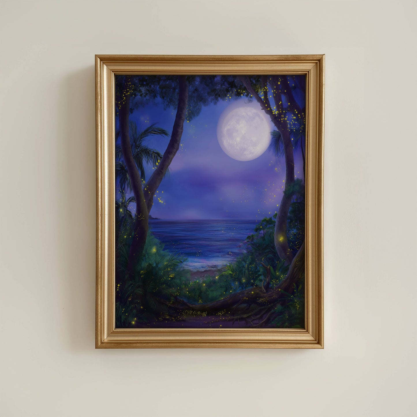 Fireflies and Lightning Bugs in Forest Poster, Dreamy Moonlit Ocean Night Print, Enchanted Nature Wall Art, Unframed