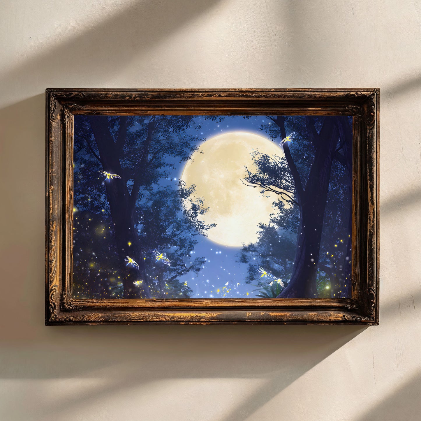 Glowing Fireflies in the Moonlit Forest Poster, Ethereal Moonlight Forest Print, Dreamlike Forest Night Wall Art, Unframed