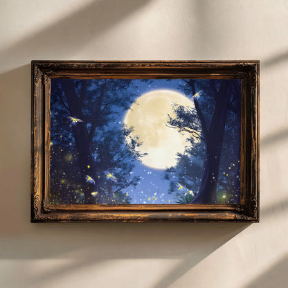 Glowing Fireflies in the Moonlit Forest Poster, Ethereal Moonlight Forest Print, Dreamlike Forest Night Wall Art, Unframed